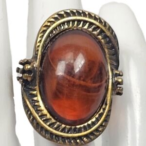 Vintage Ornate Statement Ring Amber Resin Cabochon Brutalist Boho Size 6.5 Bold